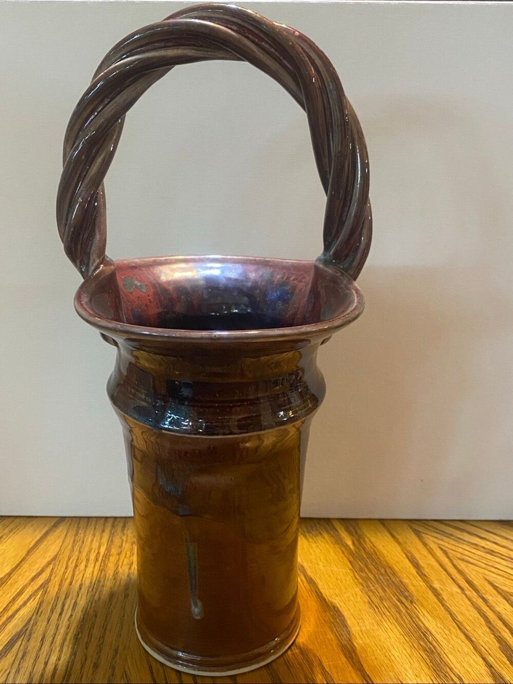 Clouds Folsom Studio Art Pottery Basket Handle Vase Drip Glaze Brown Wabi Sabi